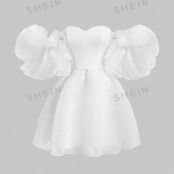 SHEIN White Puff Sleeve Sweetheart Dress