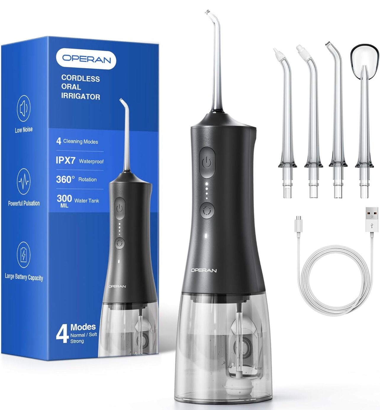 Water Flosser for Teeth, 300ML Portable Dental Flosser with 4 Modes & 4 Nozzles, IPX7 Waterproof Rechargeable Oral Irrigator, Long Battery for Home, B