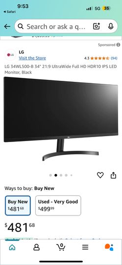 LG 34WL500-B 34" 21:9 UltraWide Full HD HDR10 IPS LED Monitor, Black