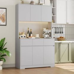 71'' Tall Kitchen Pantry Storage Cabinet with Power Outlets and Led Lights, Large Kitchen Hutch Buffet Cabinet with Microwave Stand, Pantry