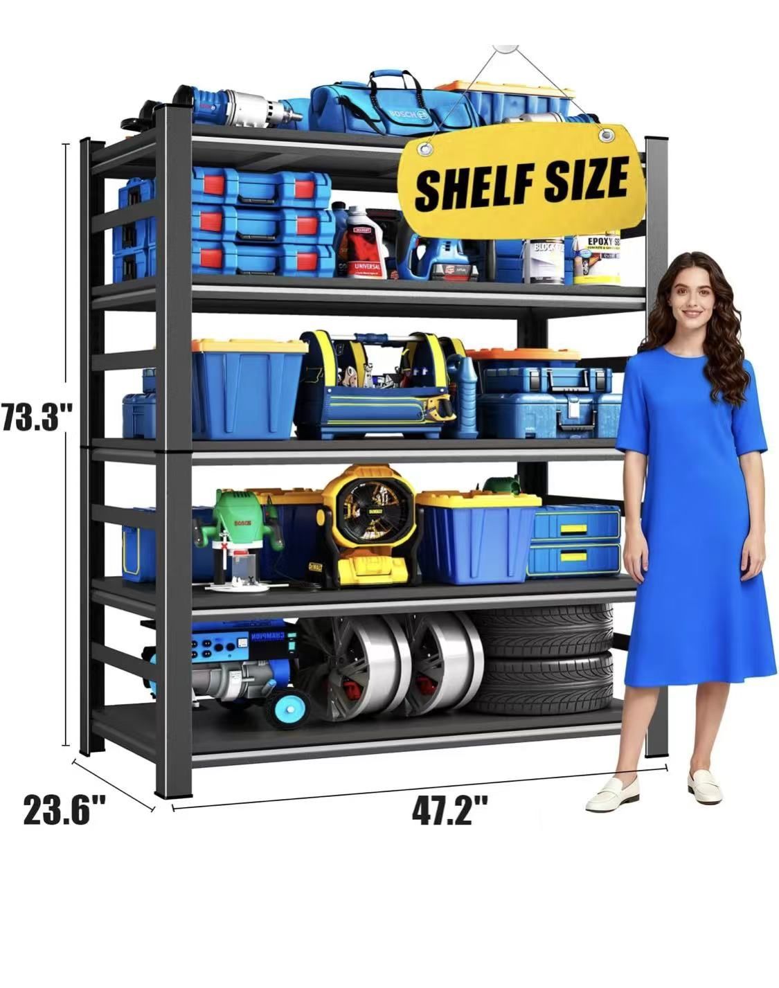 ✌️ 73.3"Hx47.2"Wx 23.6"D 5-Tier Metal Garage Shelving Unit 3000LBS Metal Storage Shelves, Adjustable Shelving Unit Garage Shelves 
