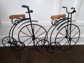 2 Unique 3D Vintage Tricycle Metal Wall hanging black iron frame & wood seat