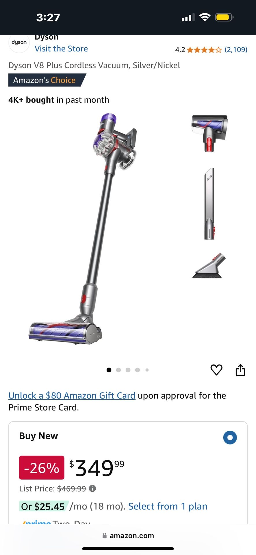 Dyson V8 Plus Cordless Vacuum, Silver/Nickel