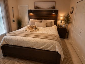 NEW Rustic King Bed Frame with Headboard Lights and two Nightstands & long dresser with mirror.