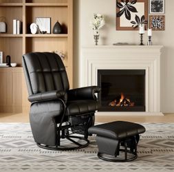 360° Swivel Glider Recliner with Ottoman, Nursing Glider Rocking Chair with Foot Rest & 2 Side Pockets for Nursery, Living Room, Bedroom, Office, blac