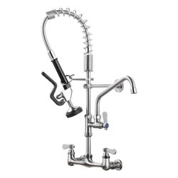 Wall Mount Triple Handle Pull Down Sprayer Kitchen Faucet with Pre-Rinse Sprayer with Advanced Spray