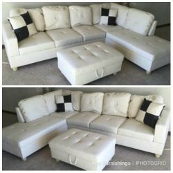 Brand New White Leather Sectional With Storage Ottoman 