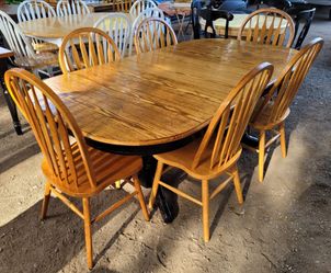 8 foot Oak Dining Table And 6 Chairs/Double Leafs/Black/Rustic/Solid Wood/Country/Farmhouse/Rare/Unique/Heavy/Long/10 person Table/Stretch/Extension/S