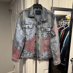 Grey and blue denim jacket with graffiti print 