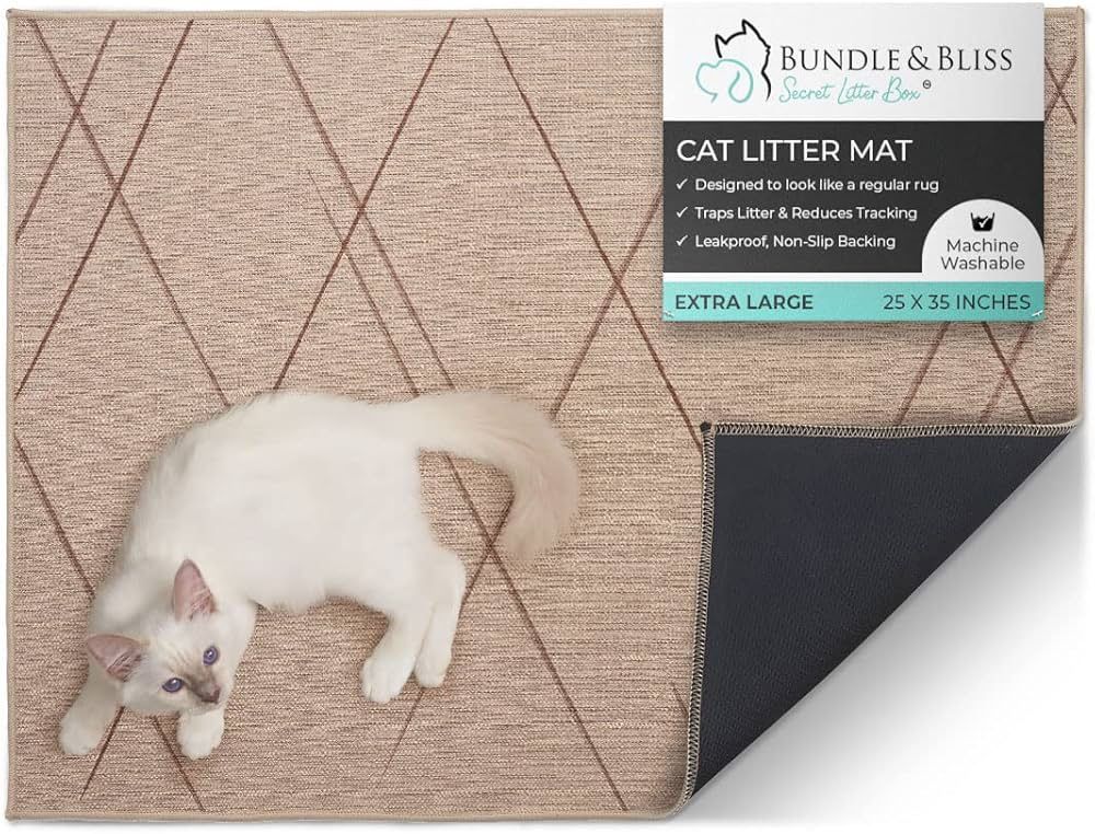 Bundle & Bliss Cat Litter Trapping Mat, 35x25, Less Waste, Traps Mess from Box for Cleaner Floors, Stays in Place for Cats, Soft on Kitty Paws, Easy C