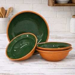Vintage Iberian Terracotta Green Glaze Serving Set Platter + 3 Bowls Unmarked