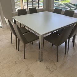Frosted glass top square dining table with 8 chairs