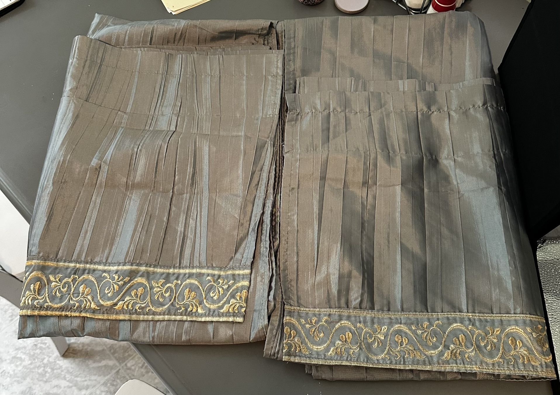 Curtain Panels Attached Valance; Shimmery Silver/Gray With Gold Flower Border On Valance; 82”x 52”