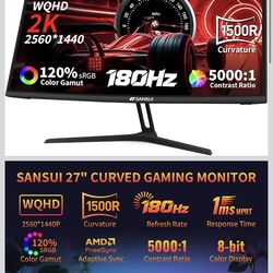 SANSUI 27 Inch WQHD 2560X1440 Curved Gaming Monitor, 180Hz MPRT 1ms Computer Monitor,HDMI2.0 * 2, DP1.2 * 2, Freesync, Curved 1500R, 5000:1 Contrast R
