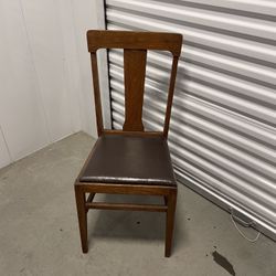 Vintage Craftsman Style Wood Single-Slat Back Chair Brown Leather Seat