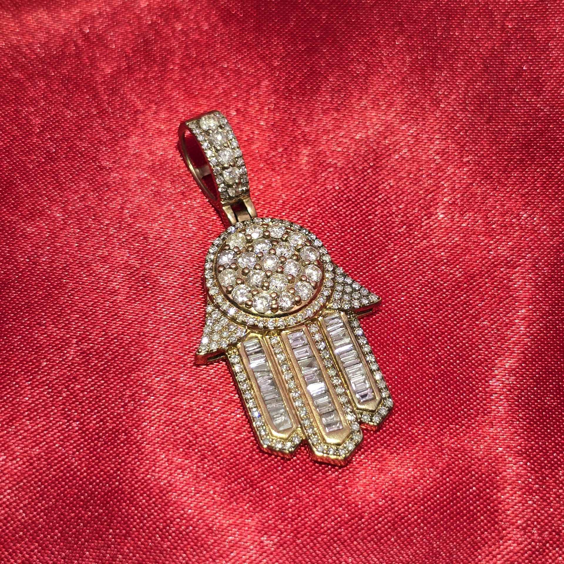 10k Yellow Gold Diamond Iced Out Baguette Humsa Pendant 4.74ctw