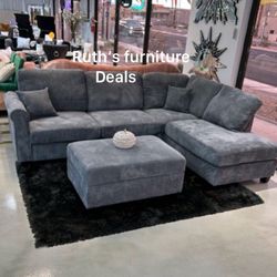 3-pc Sectional Sofa With Storage Ottoman Dark Grey Corduroy Brand New