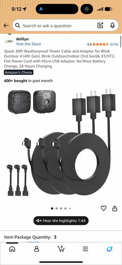 3 Pack Blink Outdoor Camera Power Cable & Adapter