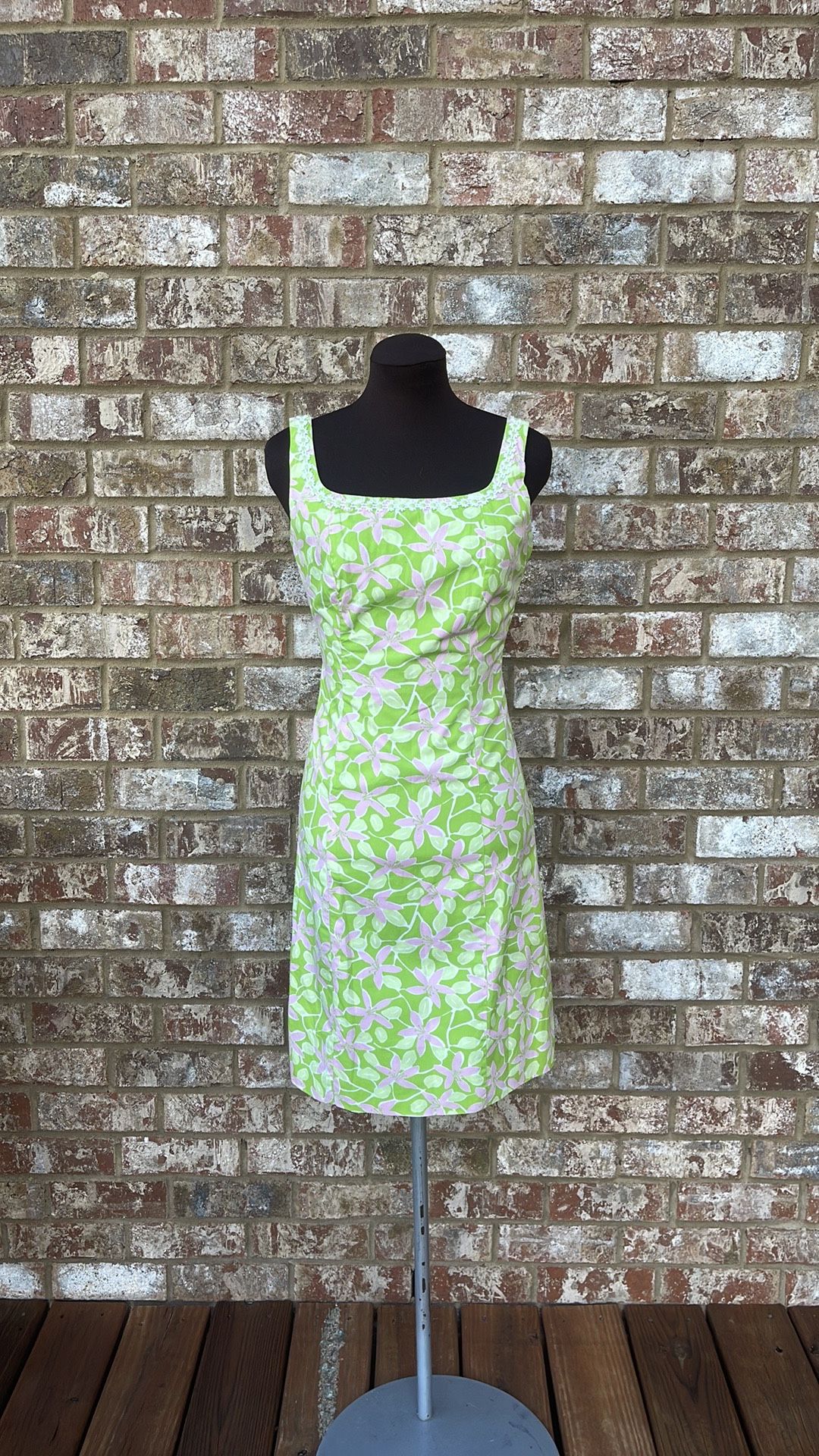 Vintage Lilly Pulitzer Green & Pink Floral Flower Embroidered Midi Dress Size 2