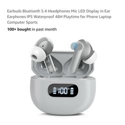 Brand new Earbuds Bluetooth 5.4 Headphones Mic LED Display in Ear Earphones IP5 Waterproof 48H Playtime for Phone Laptop Computer Sports  Whitestone/F