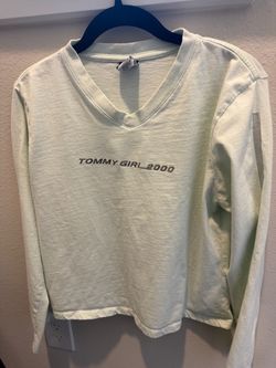 Vintage Tommy Jeans Tommy Girl 2000 Y2K Long Sleeve V-Neck Top XL Light Mint Green
