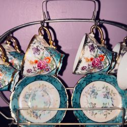 REAL VINTAGE Original Handcrafted Fine Bone China Tea Set with Embellished Holder