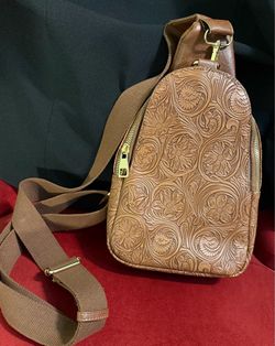 Collection Floral Embossed Vegan Leather Sling Bag Brown close to 9x7 inch