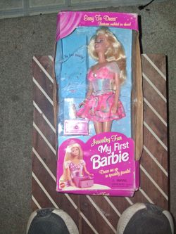 The image shows a 1996 Jewelry Fun "My First Barbie" doll manufactured by Mattel (Model #16005).