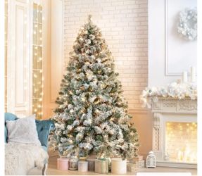 6Ft Pre-lit Flocked Artificial Christmas Tree with Foldable Stand and Warm Lights, Green