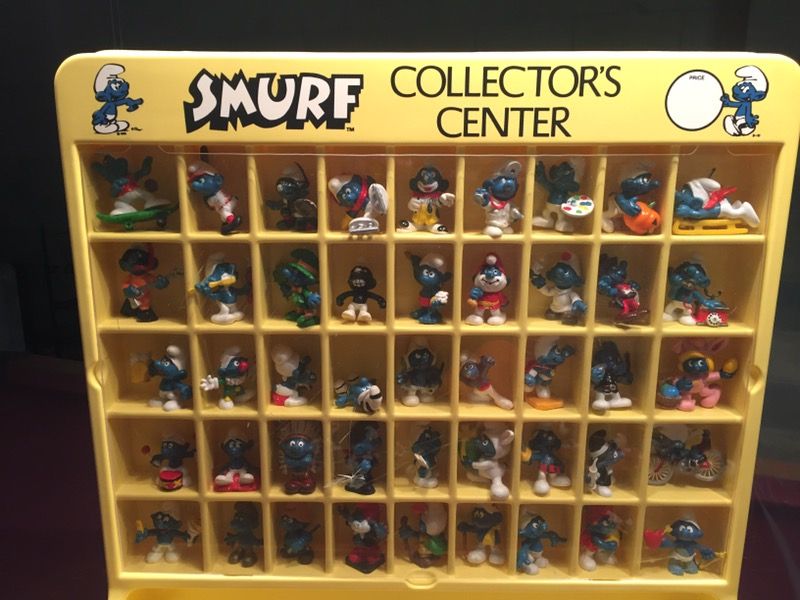 VINTAGE SMURF COLLECTION FROM 1970/80's. WITH RARE STORE DISPLAY CASE AND MUSHROOM HOUSE