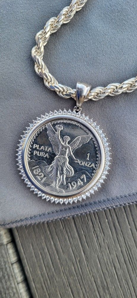 Pure Silver Centenario / Solid 925 Silver Bezel/ Solid 925 Silver Rope 26 Inch Chain