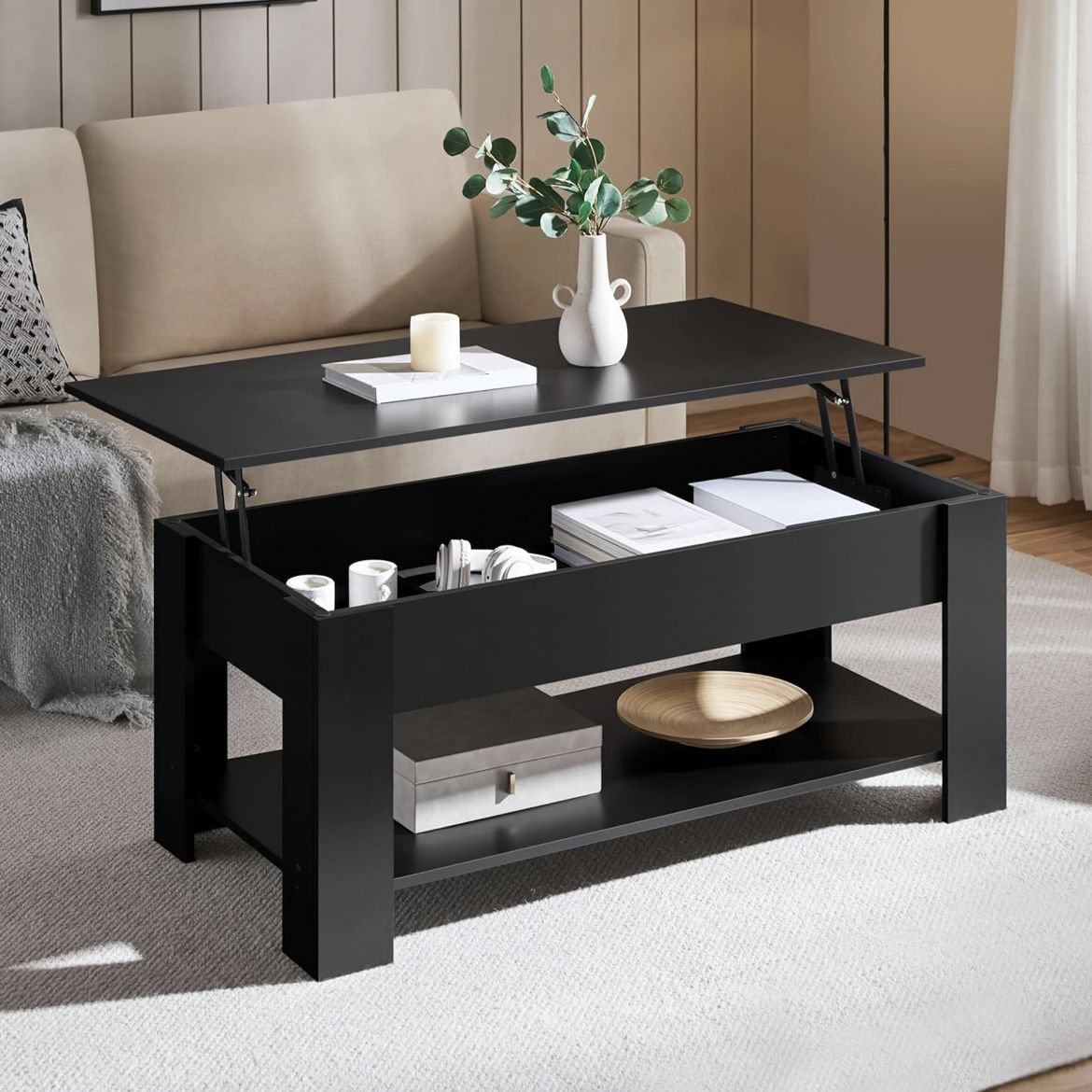Lift Top Coffee Table with Hidden Compartment and Storage Shelf, Rising Tabletop Dining Table for Living Room Reception Room, 47.5in L, Black