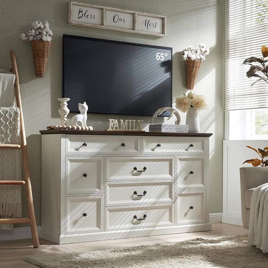 Farmhouse 9 Drawers Dresser for Bedroom, 60" Wide Wood Rustic Chest of Drawers, Large Storage Dressers Organizer for Bedroom, Living Room, Hallway, Di