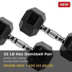NEW Pair of 25lb Rubber Hex Dumbbells