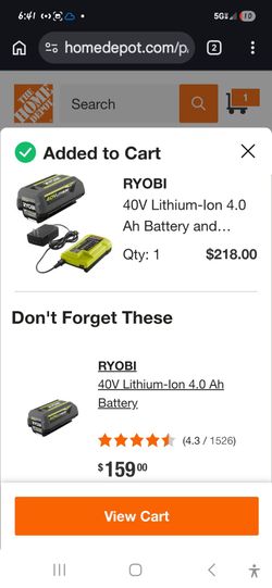 RYOBI 40V Lithium-Ion 4Ah Battery & Compact Charger