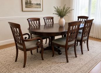 Cherry Wood Dining Table + 6 Chairs w/ Leaf - OBO
