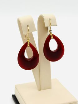 14K YELLOW GOLD 7.31 GRAMS RED TEARDROP DROP EARRINGS USED