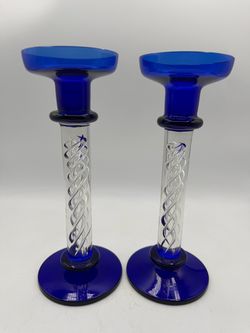 Pair of Cobalt Blue Glass Swirl Stem Candlestick’s Holders