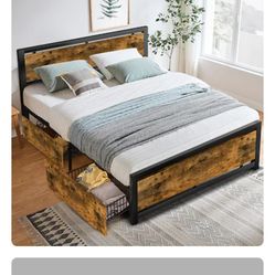 LTMATE Full Black Wood Metal Bed Frame Storage with Headboard