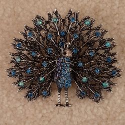 Blue Peacock Brooch with Rhinestones