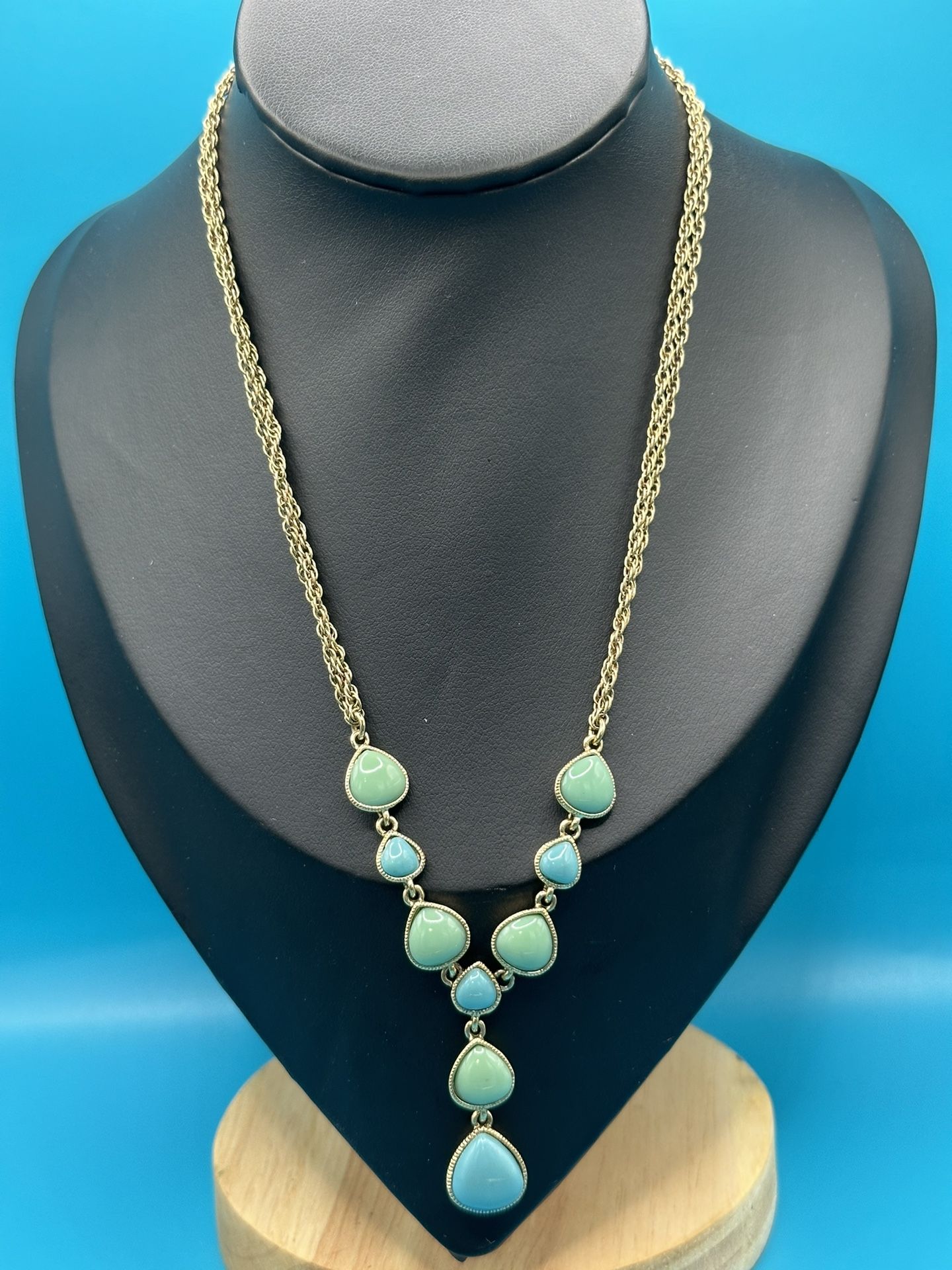 Vintage Very Rare Monet Y Necklace Faux Blue & Green Gemstones 2 Strands Gold Tone Great Condition 16” Long 3 Y 2 1/2” Extension
