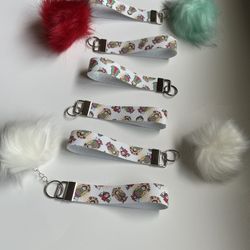Faux Leather Wristlet Keychain with Pom Pom. 