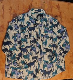 Sundance Women's Button-Down Shirt with Blue and Teal Horse Print size P