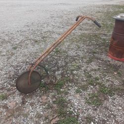 Vintage Iron Push Plow Has All The Points Hand Grips And The Rubber Is In Good Shape Around Wheel