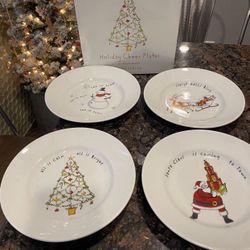 POTTERY BARN HOLIDAY CHEER PLATES SET OF 4 CHRISTMAS PLATES OBO