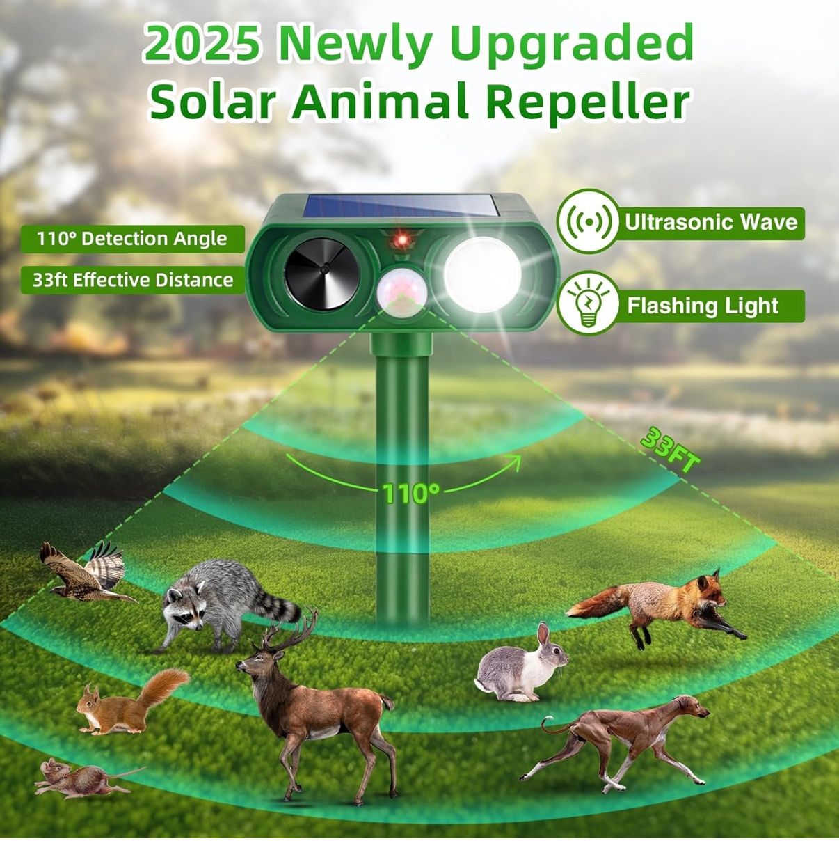 Solar Ultrasonic Animal Repeller Outdoor Waterproof Cat Dog Racoon Rodent Squirrel Rabbit Deterrent Repellent