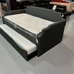 Dark Grey Linen Day-bed w/ Twin Trundle