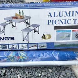 Camping Fold Up Aluminum Picnic Table/ 6ft Umbrella BRAND NEW
