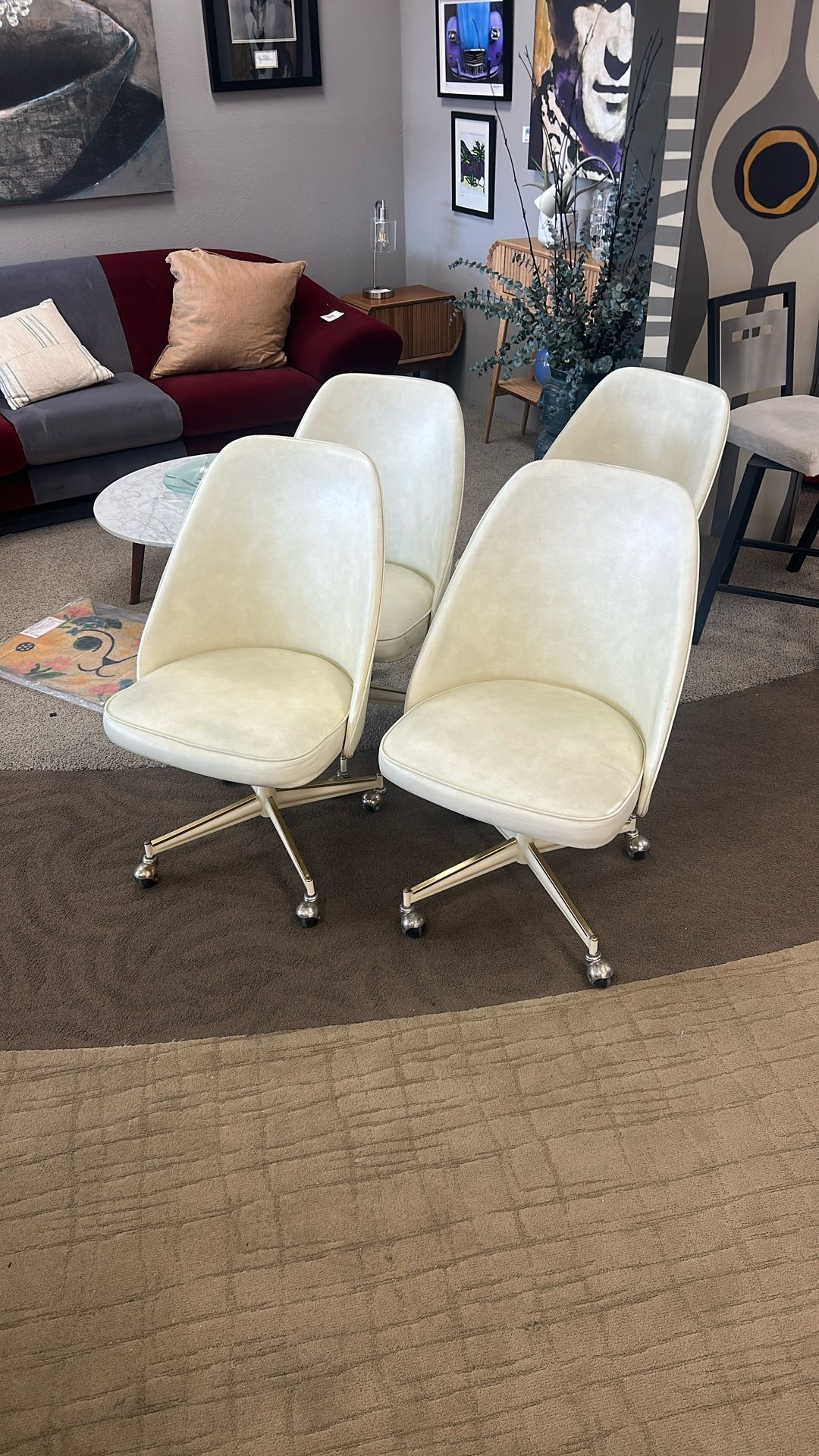 Set Of 4 Vintage Cream Color Rolling Chairs