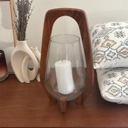 West Elm Glass Hurricane Lantern w/ Wood Handle (Modern Decor)